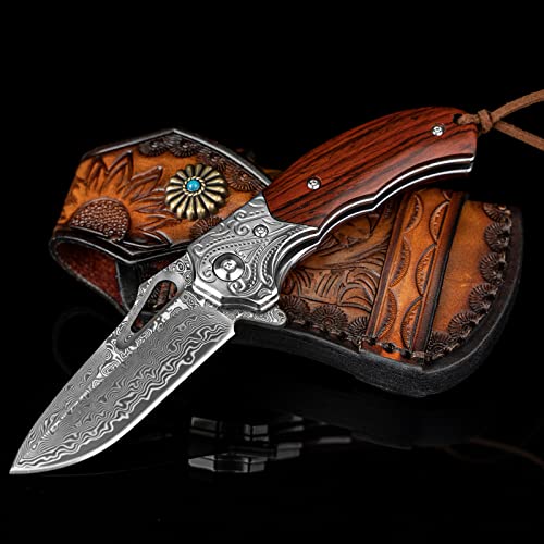 NedFoss Damascus Pocket Knife for Men, 6.5" Handmade Forged VG10 Damascus Steel Folding Knife with Retro Leather Sheath, Sandalwood Handle, EDC Cool Knives for Mens Gift