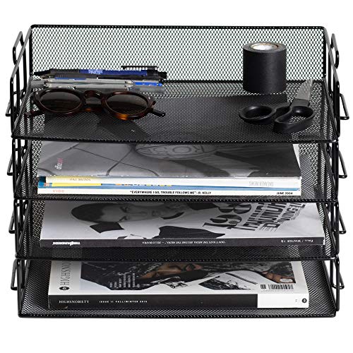 Klickpick Office 4 Tier Stackable Heavy Duty Metal Desktop Letter Tray File Organizer Sorter Desk Document Organizer Shelf Tray Magazine Holder Paper File Newspaper Organizer Tray (Black)