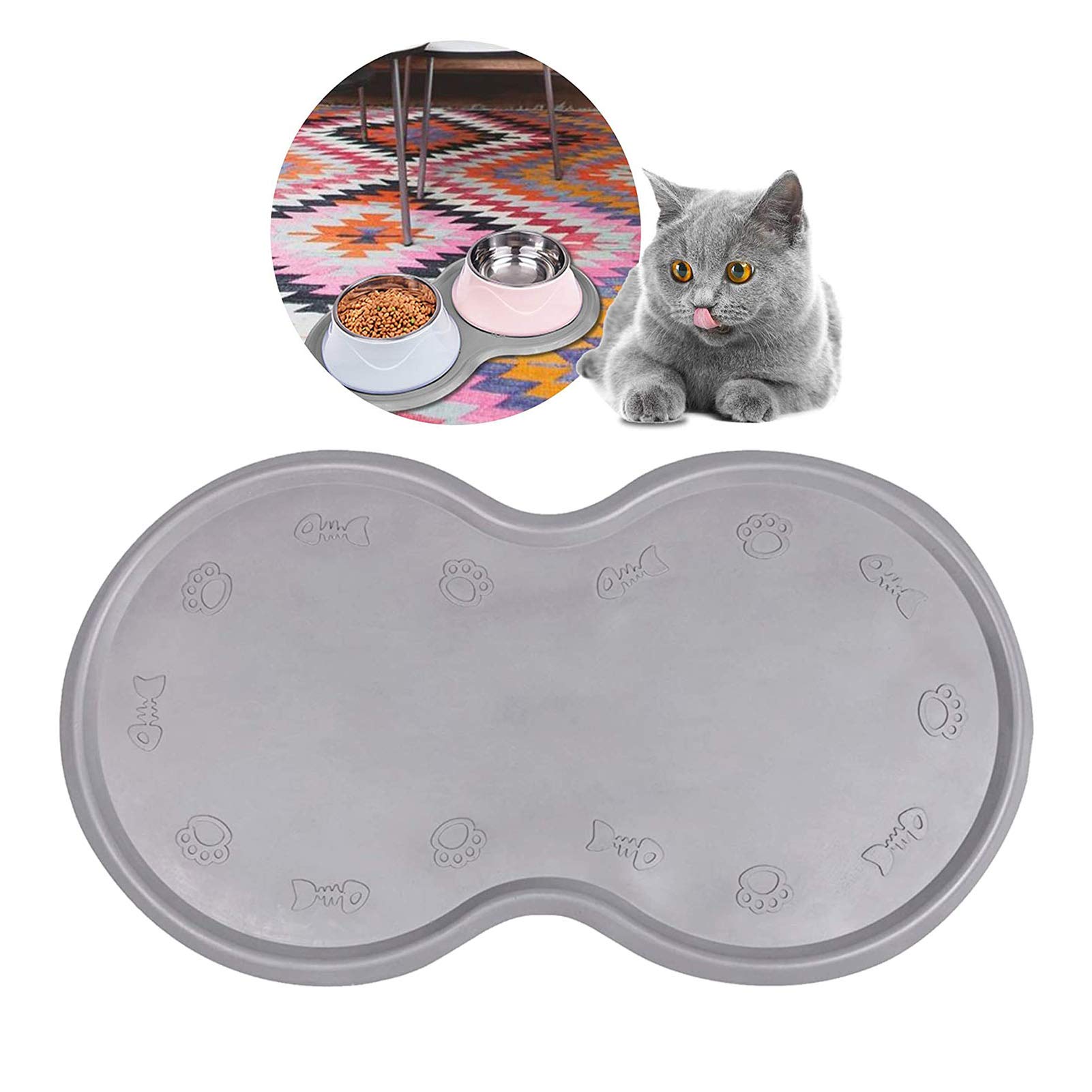 Pet Feeding Mat Cat & Dog Mats for Food & Water - Flexible and Easy to Clean Feeding Mat - Non-Slip Waterproof Feeding Mat for Dog Food & Water Bowls Nontoxic Rubber Gray…