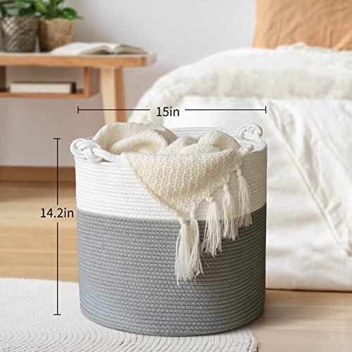 Goodpick Cotton Rope Basket with Handle for Baby Laundry Basket Toy Storage Blanket Storage Nursery Basket Soft Storage Bins-Woven Basket, 15'' × 15'' × 14.2''