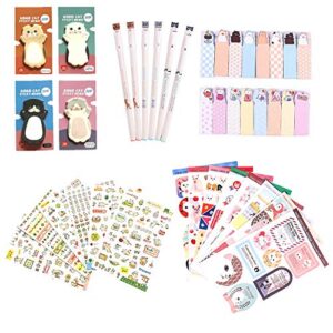kawaii school supplies - cat stationery set, 6 gel pens, 120 sticky memos, 6 sticker sheets & 1 sticker album( 8 sheets), 240 bookmark page flags - cute japanese style office supplies- gift for girls