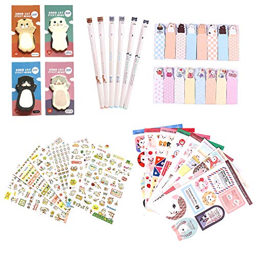 Kawaii School Supplies - Cat Stationery Set, 6 Gel Pens, 120 Sticky Memos, 6 Sticker Sheets & 1 Sticker Album( 8 Sheets), 240 Bookmark Page Flags - Cute Japanese Style Office Supplies- Gift for Girls