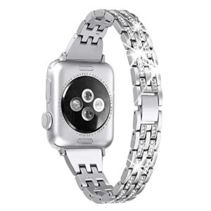 secbolt bling bands compatible with apple watch band 38mm 40mm 41mm women iwatch se series 8 7 6 5 4 3 2 1, dressy jewelry metal wristband strap diamond rhinestone, silver