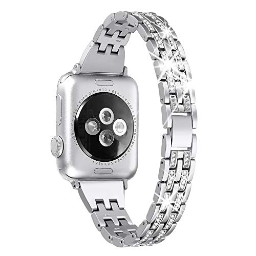 Secbolt Bling Bands Compatible with Apple Watch Band 38mm 40mm 41mm Women iWatch SE Series 8 7 6 5 4 3 2 1, Dressy Jewelry Metal Wristband Strap Diamond Rhinestone, Silver