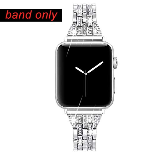 Secbolt Bling Bands Compatible with Apple Watch Band 38mm 40mm 41mm Women iWatch SE Series 8 7 6 5 4 3 2 1, Dressy Jewelry Metal Wristband Strap Diamond Rhinestone, Silver