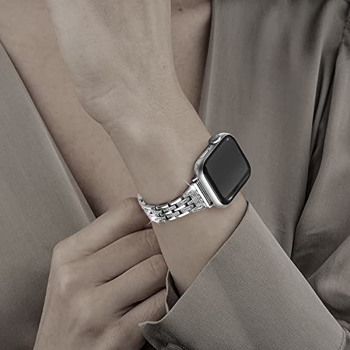 Secbolt Bling Bands Compatible with Apple Watch Band 38mm 40mm 41mm Women iWatch SE Series 8 7 6 5 4 3 2 1, Dressy Jewelry Metal Wristband Strap Diamond Rhinestone, Silver