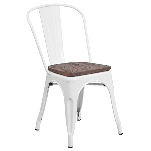 Flash Furniture Perry Metal Stackable Chair with Wood Seat, 1 Pack, White