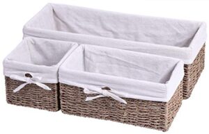 vintiquewise seagrass small shelf storage basket with white lining (set of 3)
