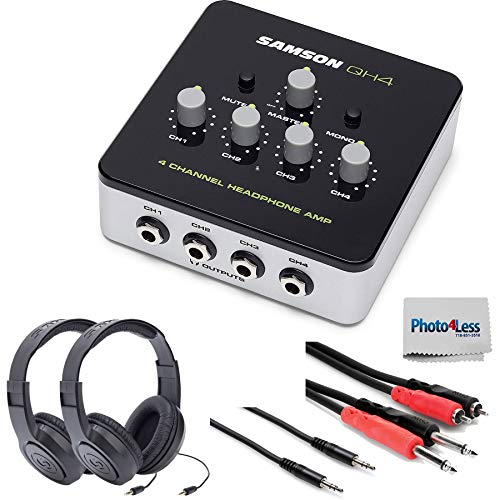 Samson QH4 4-Channel Studio Headphone Amplifier + 2 Stereo Headphones + 2 Stereo Interconnect Cable, Photo4Less Clean Cloth - Top Value Amplifier Bundle