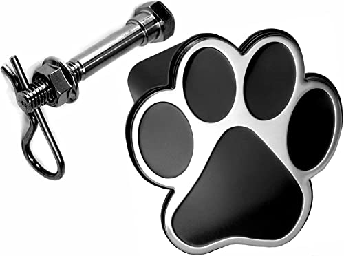 Dog Animal Paw Foot Emblem Metal Trailer Hitch Cover (Fit 2" Receivers, Chrome/Black)