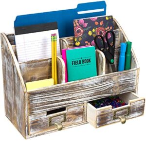 excello global products rustic wood office desk organizer: includes 6 compartments and 2 drawers to organize desk accessories, mail, pens, notebooks, folders, pencils and office supplies (brown)