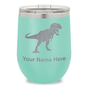 SkunkWerkz Wine Glass Tumbler, Tyrannosaurus Rex Dinosaur, Personalized Engraving Included (Teal)