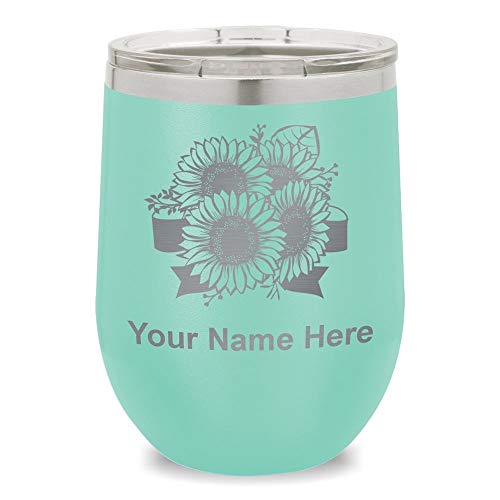 SkunkWerkz Wine Glass Tumbler, Sunflowers, Personalized Engraving Included (Teal)