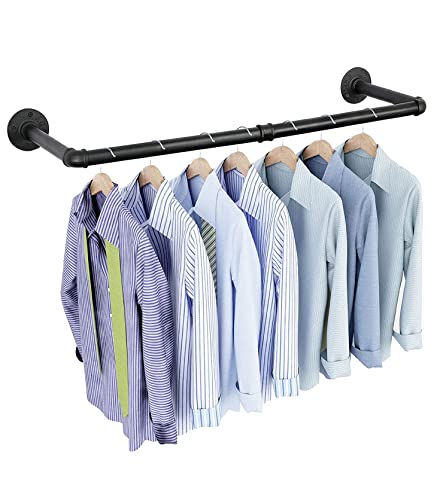 OROPY Industrial Pipe Clothing Rack 38.4", Heavy Duty Detachable Wall Mounted Clothes Rack Black Iron Garment Bar, Multi-purpose Hanging Rod for Closet Storage, Black (Two Base)