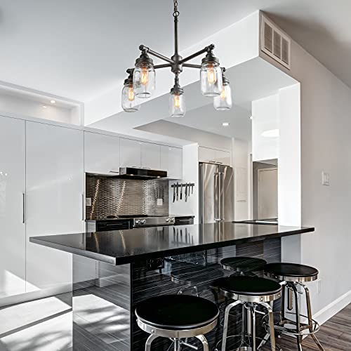 LNC A03480 Farmhouse Chandelier, Mason Jar Lights, Medium Dining Room Pendant in Brushed Dark Silver Metal for Kitchen Island,Black Silver Brushed