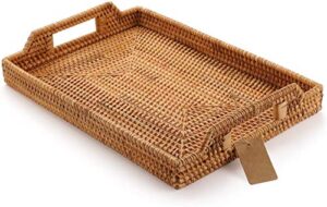 hand-woven rattan rectangular serving tray with handles for breakfast, drinks, snack for coffee table (14.5x10.2x1.4inches)