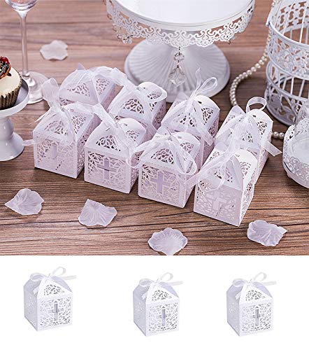 Sohapy 50Pcs Baptism Christening Favor Boxes Candy Boxes Bag Gift Box Baby Shower Favor for Baby Cute Birthday Decoration Shower Party decoration Supplies (white)