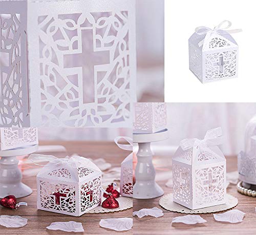 Sohapy 50Pcs Baptism Christening Favor Boxes Candy Boxes Bag Gift Box Baby Shower Favor for Baby Cute Birthday Decoration Shower Party decoration Supplies (white)