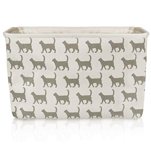 White Cat Canvas Storage Basket Box for Household Items or Toys - with Gray Cat Pattern. 16.5in x 12.5in x 7.5in