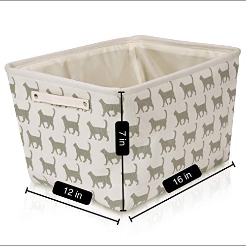 White Cat Canvas Storage Basket Box for Household Items or Toys - with Gray Cat Pattern. 16.5in x 12.5in x 7.5in