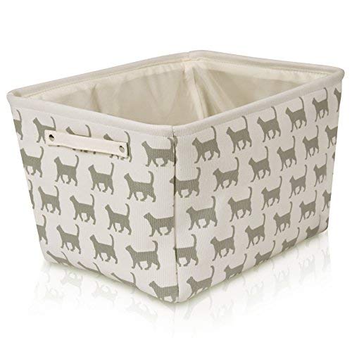 White Cat Canvas Storage Basket Box for Household Items or Toys - with Gray Cat Pattern. 16.5in x 12.5in x 7.5in