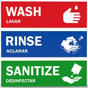 wash rinse sanitize sink labels - ideal handwashing signs for 3 compartment sink - 2.75" x 9" - perfect label stickers for restaurants, commercial kitchens, food trucks, bussing stations, wash station