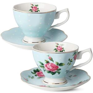 BTaT- Floral Tea Cups and Saucers, Set of 2, 8oz, with Gold Trim and Gift Box, Coffee Cups, Floral Tea Cup Set, British Tea Cups, Porcelain Tea Set, Tea Sets for Women