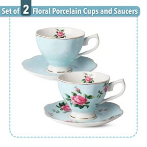 BTaT- Floral Tea Cups and Saucers, Set of 2, 8oz, with Gold Trim and Gift Box, Coffee Cups, Floral Tea Cup Set, British Tea Cups, Porcelain Tea Set, Tea Sets for Women