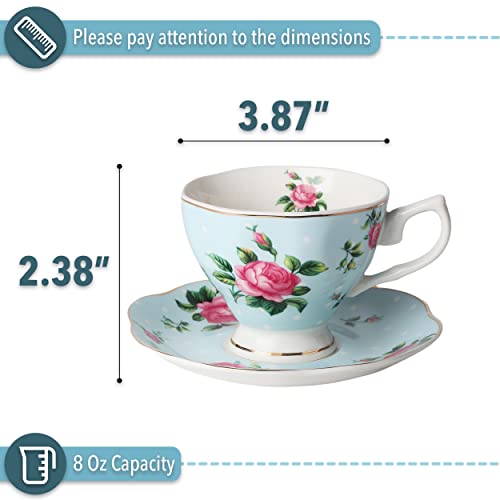 BTaT- Floral Tea Cups and Saucers, Set of 2, 8oz, with Gold Trim and Gift Box, Coffee Cups, Floral Tea Cup Set, British Tea Cups, Porcelain Tea Set, Tea Sets for Women