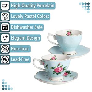 BTaT- Floral Tea Cups and Saucers, Set of 2, 8oz, with Gold Trim and Gift Box, Coffee Cups, Floral Tea Cup Set, British Tea Cups, Porcelain Tea Set, Tea Sets for Women