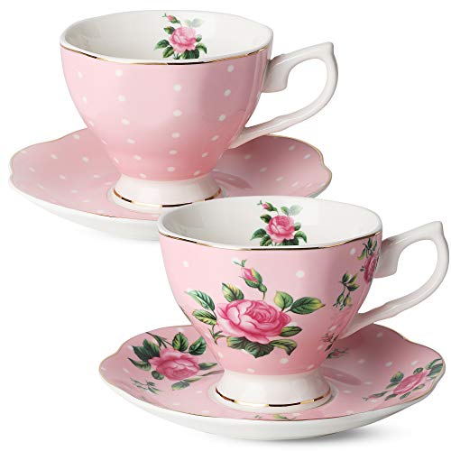 BTaT- Floral Tea Cups and Saucers, Set of 2, 8oz, with Gold Trim and Gift Box, Coffee Cups, Floral Tea Cup Set, British Tea Cups, Porcelain Tea Set, Tea Sets for Women