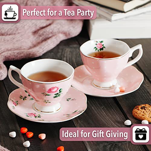 BTaT- Floral Tea Cups and Saucers, Set of 2, 8oz, with Gold Trim and Gift Box, Coffee Cups, Floral Tea Cup Set, British Tea Cups, Porcelain Tea Set, Tea Sets for Women