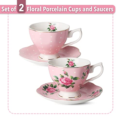 BTaT- Floral Tea Cups and Saucers, Set of 2, 8oz, with Gold Trim and Gift Box, Coffee Cups, Floral Tea Cup Set, British Tea Cups, Porcelain Tea Set, Tea Sets for Women