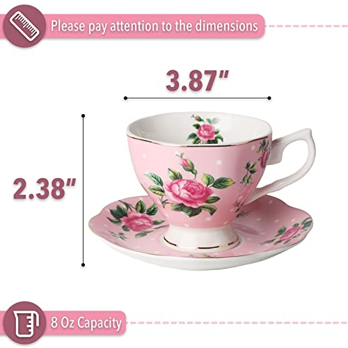 BTaT- Floral Tea Cups and Saucers, Set of 2, 8oz, with Gold Trim and Gift Box, Coffee Cups, Floral Tea Cup Set, British Tea Cups, Porcelain Tea Set, Tea Sets for Women