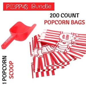 Poppy's Plastic Popcorn Scoop Bundle - 200 Bags and Plastic Popcorn Scooper, Popcorn Machine Accessories for Popcorn Bars, Movie Nights, Concessions