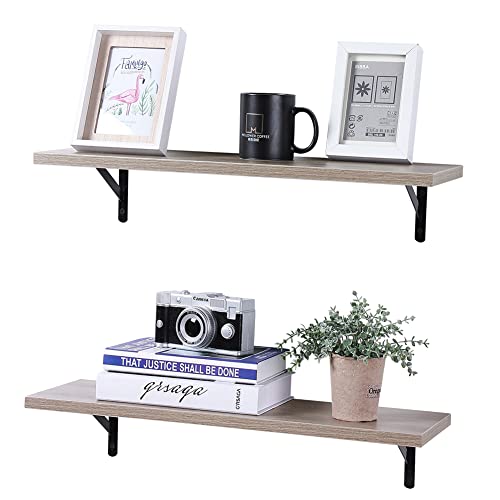 SUPERJARE 23.6 x 7.9in Floating Shelves, Set of 2, Wall Mounted Shelves for Storage, Hanging Book Shelves with Brackets for Bedroom/Living Room/Kitchen/Office/Bathroom - Greige