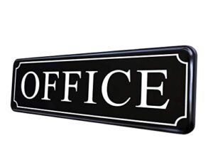 the office sign for door or wall — quick easy installation. self-adhesive — 9 x 3 in. the best sign for home office and business. white big letters on black plate. main office sign