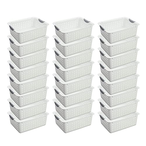 Sterilite Medium Ultra Ventilated Open Top Plastic Storage Organizer Basket with Gray Contoured Carrying Handles, White (24 Pack)