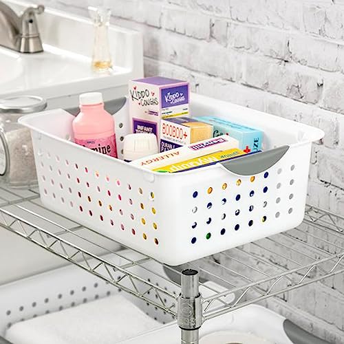 Sterilite Medium Ultra Ventilated Open Top Plastic Storage Organizer Basket with Gray Contoured Carrying Handles, White (24 Pack)