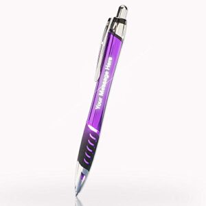 custom laser-engraved metal ballpoint pens with illuminated engraving & grip in purple color - click pen to illuminate your message!
