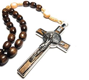 esnoy oversized made in italy rosary blessed by pope francis vatican rome holy father medal cross saint benedict patron saint of students honor veterans us army solders addiction dependence (brown)