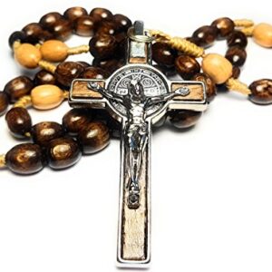 ESNOY OVERSIZED Made in Italy Rosary Blessed by Pope Francis Vatican Rome Holy Father Medal Cross Saint Benedict Patron Saint of Students Honor Veterans US Army solders Addiction Dependence (Brown)