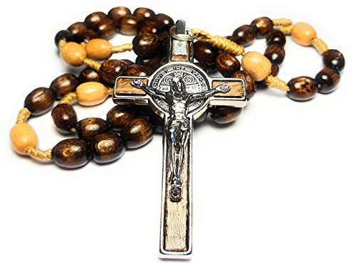 ESNOY OVERSIZED Made in Italy Rosary Blessed by Pope Francis Vatican Rome Holy Father Medal Cross Saint Benedict Patron Saint of Students Honor Veterans US Army solders Addiction Dependence (Brown)