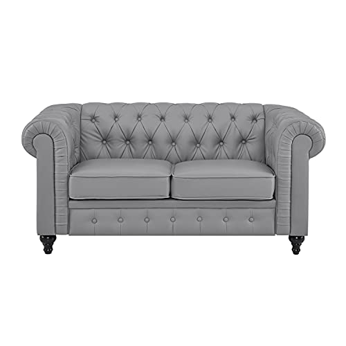 Naomi Home Emery Chesterfield Loveseat, Luxurious Comfort for Cozy Living Rooms, Mid-Century Modern Couch, Elegance & Serenity, 2-Seater Loveseat Couch for Small Space, Gray, PU Leather