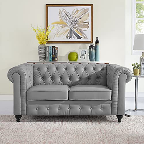 Naomi Home Emery Chesterfield Loveseat, Luxurious Comfort for Cozy Living Rooms, Mid-Century Modern Couch, Elegance & Serenity, 2-Seater Loveseat Couch for Small Space, Gray, PU Leather