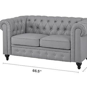 Naomi Home Emery Chesterfield Loveseat, Luxurious Comfort for Cozy Living Rooms, Mid-Century Modern Couch, Elegance & Serenity, 2-Seater Loveseat Couch for Small Space, Gray, PU Leather