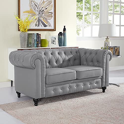 Naomi Home Emery Chesterfield Loveseat, Luxurious Comfort for Cozy Living Rooms, Mid-Century Modern Couch, Elegance & Serenity, 2-Seater Loveseat Couch for Small Space, Gray, PU Leather