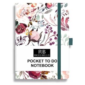 ricco bello pocket to do list, undated, notebook with pen loop, storage pocket, for work, school, home, productivity planner, 4.25 x 6 inches (blossoms)