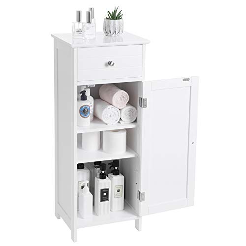 VASAGLE Bathroom Floor Cabinet Wooden Storage Organizer Unit with Drawer and Adjustable Shelf for Living Room White