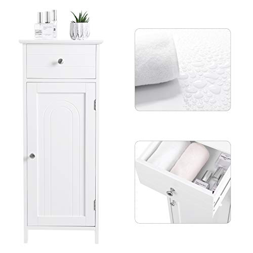 VASAGLE Bathroom Floor Cabinet Wooden Storage Organizer Unit with Drawer and Adjustable Shelf for Living Room White